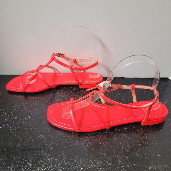 J Crew Abbie sandals Leather T-strap sandals in neon poppy NWOT - Picture 5 of 8
